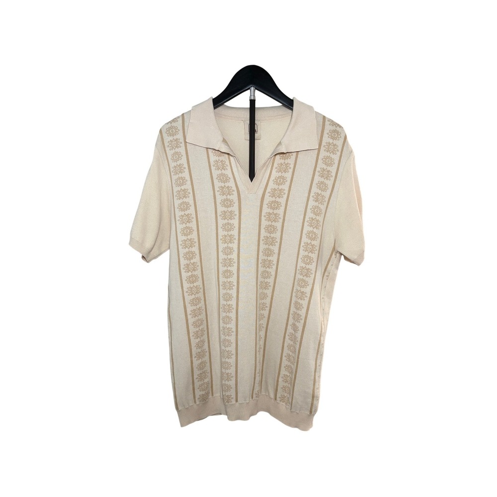 Dandy Del Mar Mens Knit Polo Shirt Cream Floral Stripe Johnny Collar Medium